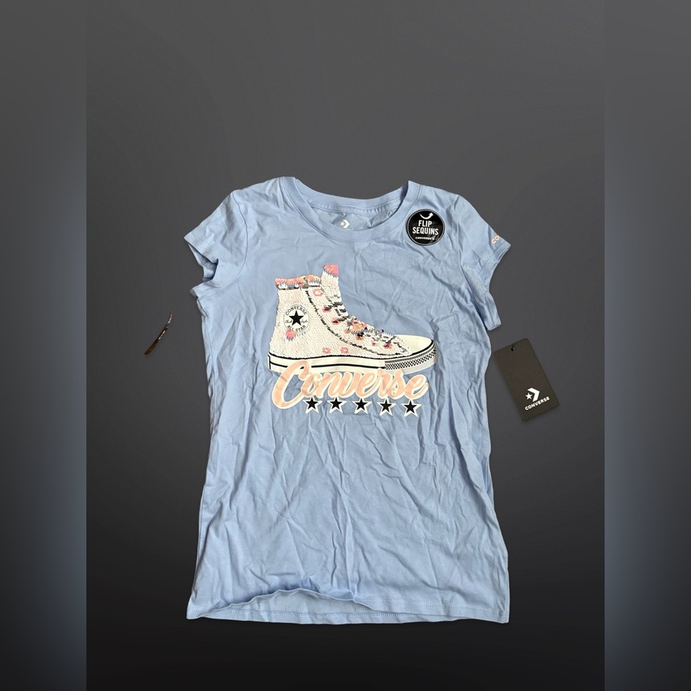 NEW Girl's Youth Converse Flip Sequins Blue Heron T-Shirt Size Large